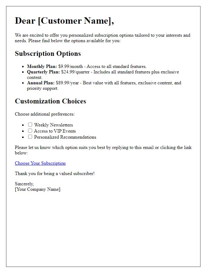 Letter template of personalized subscription options