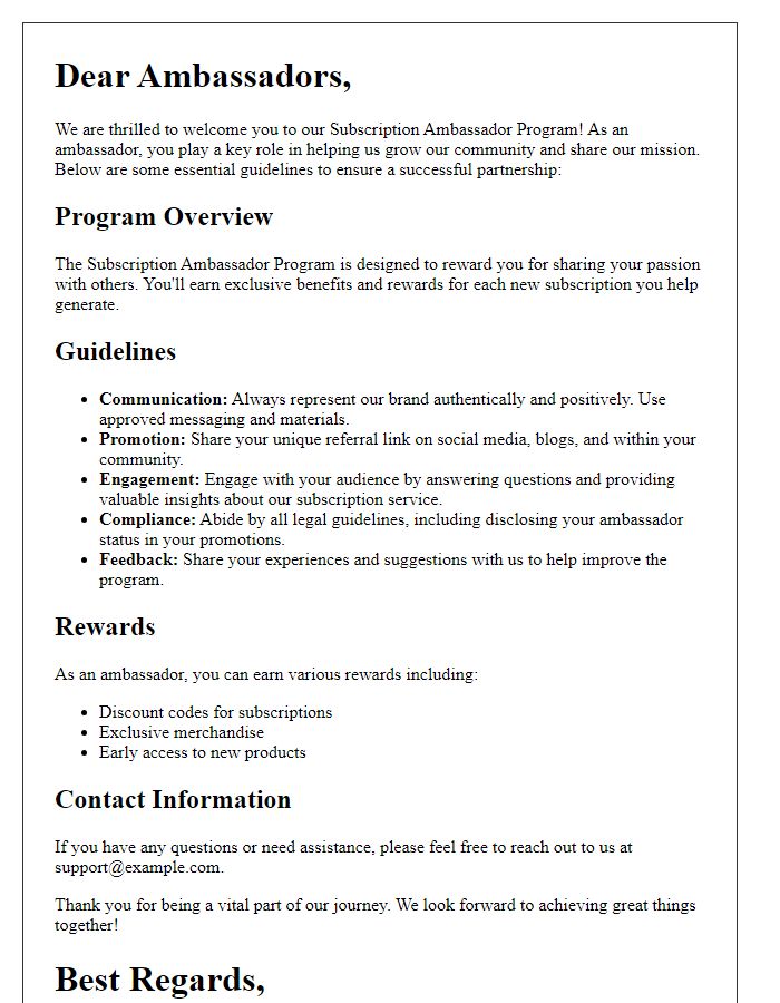 Letter template of guidelines for the subscription ambassador program