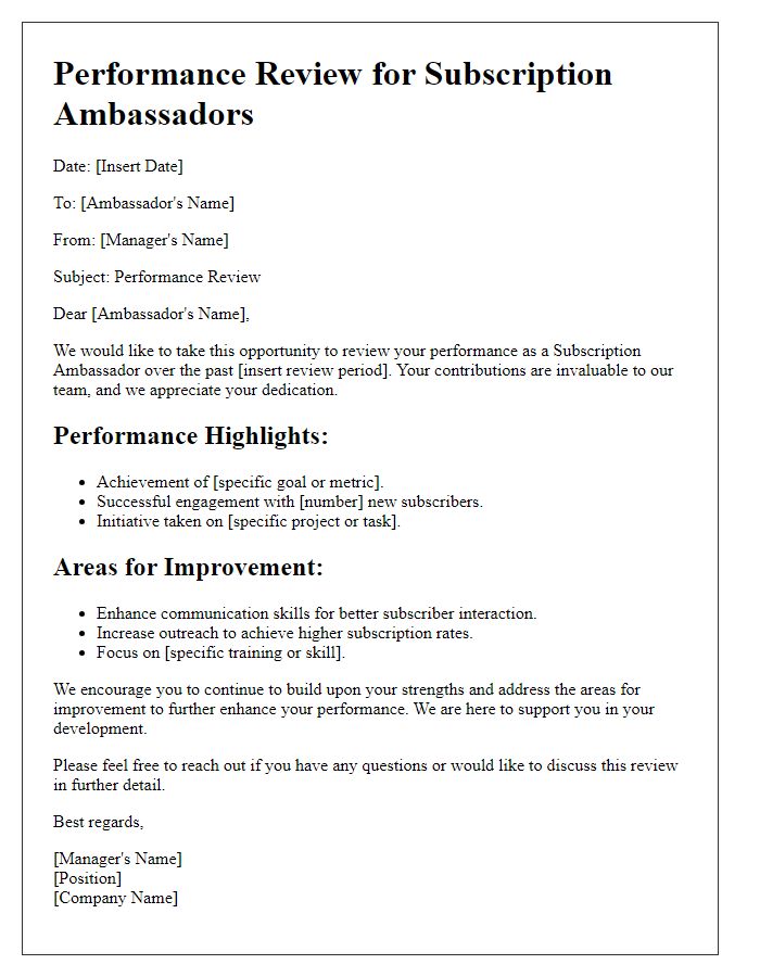 Letter template of performance review for subscription ambassadors