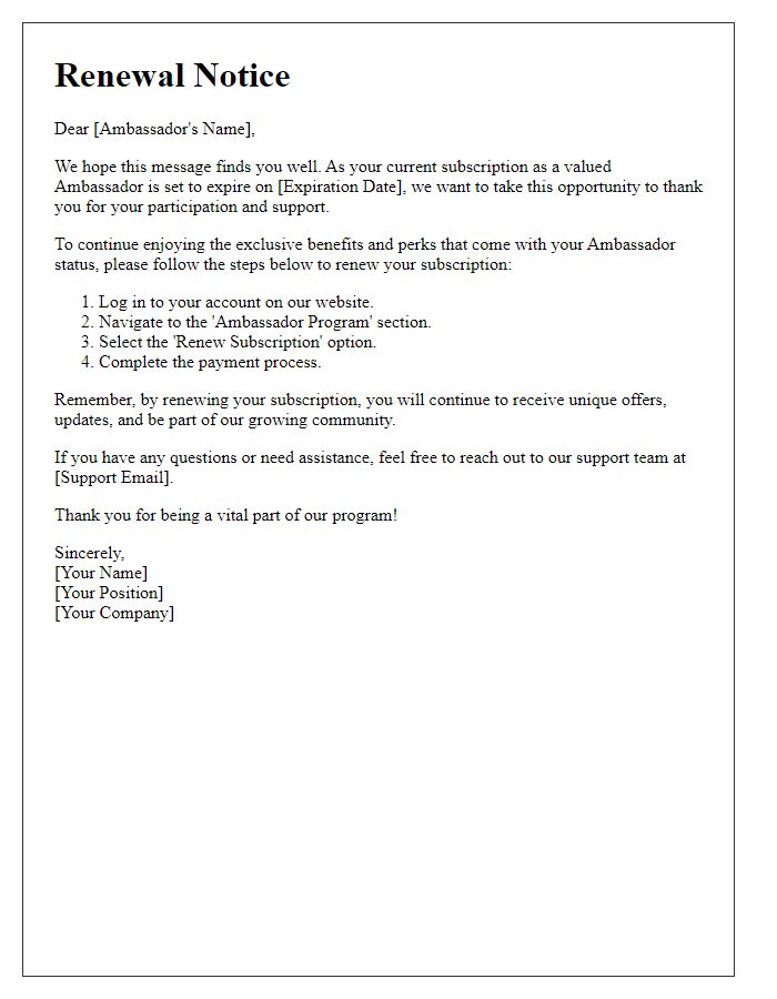 Letter template of renewal notice for subscription ambassador participation