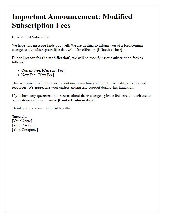 Letter template of announcement for modified subscription fees