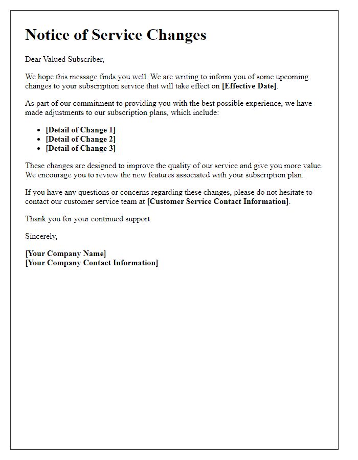 Letter template of explanation for service changes in subscription