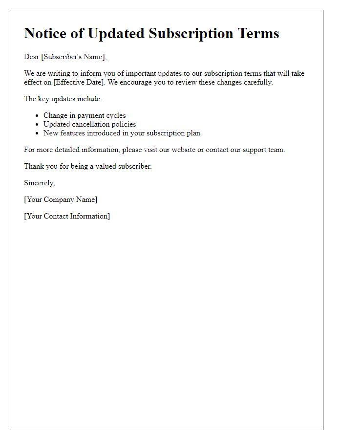 Letter template of notice for updated subscription terms