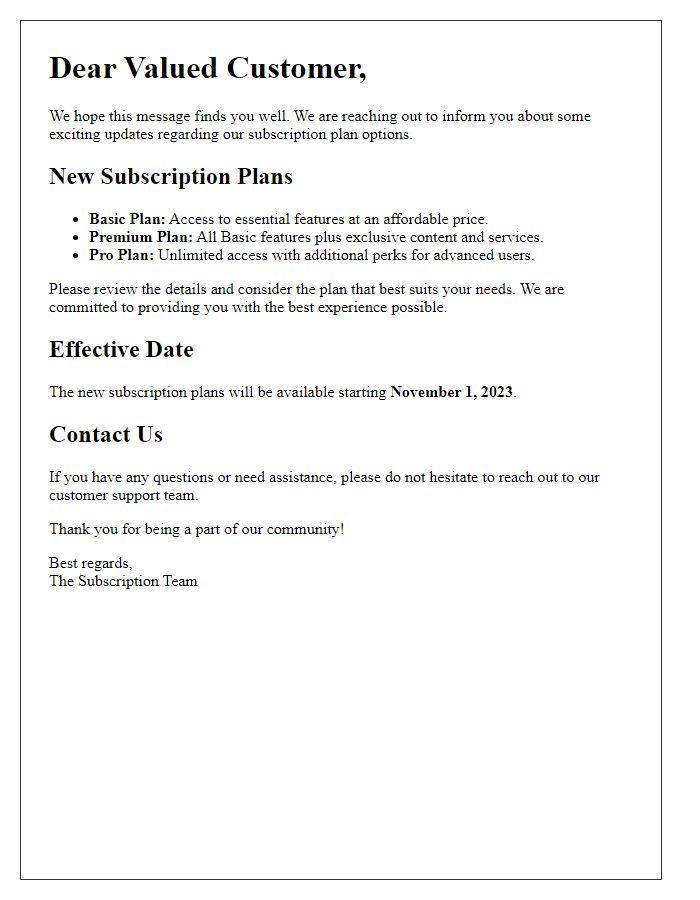 Letter template of update regarding subscription plan options