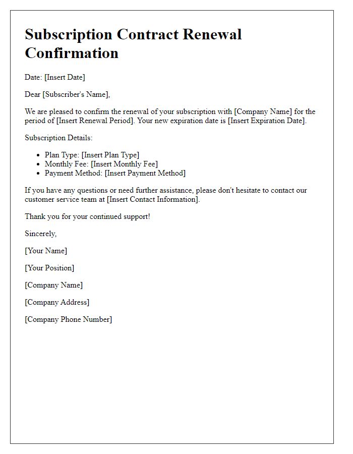 Letter template of subscription contract renewal confirmation