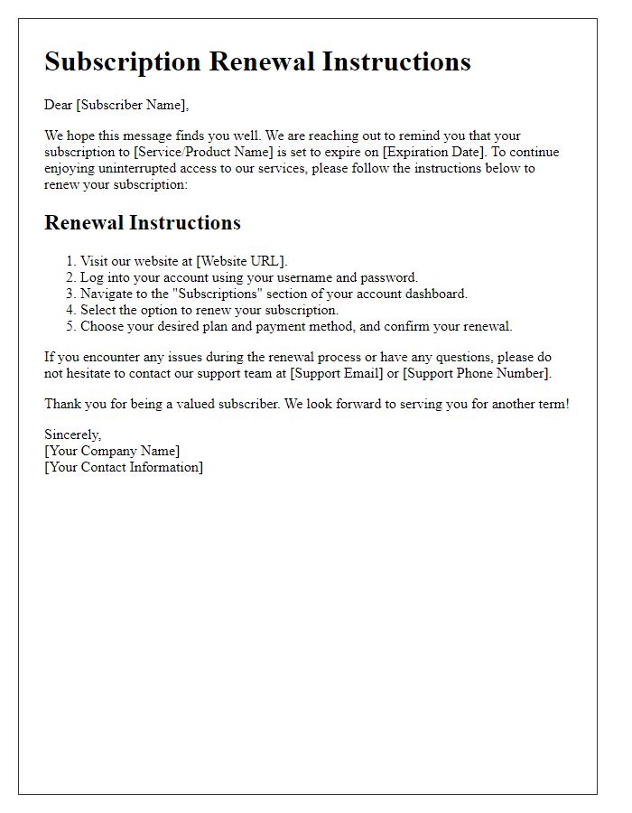 Letter template of subscription contract renewal instructions