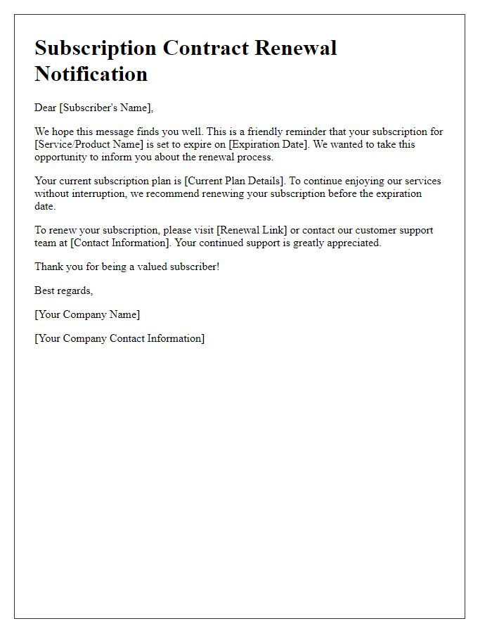 Letter template of subscription contract renewal notification