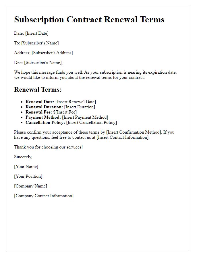 Letter template of subscription contract renewal terms