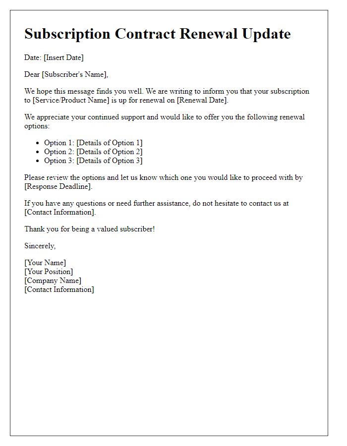 Letter template of subscription contract renewal update