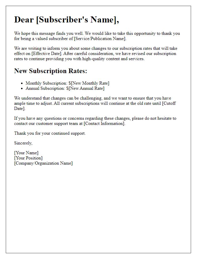 Letter template of revised subscription rates