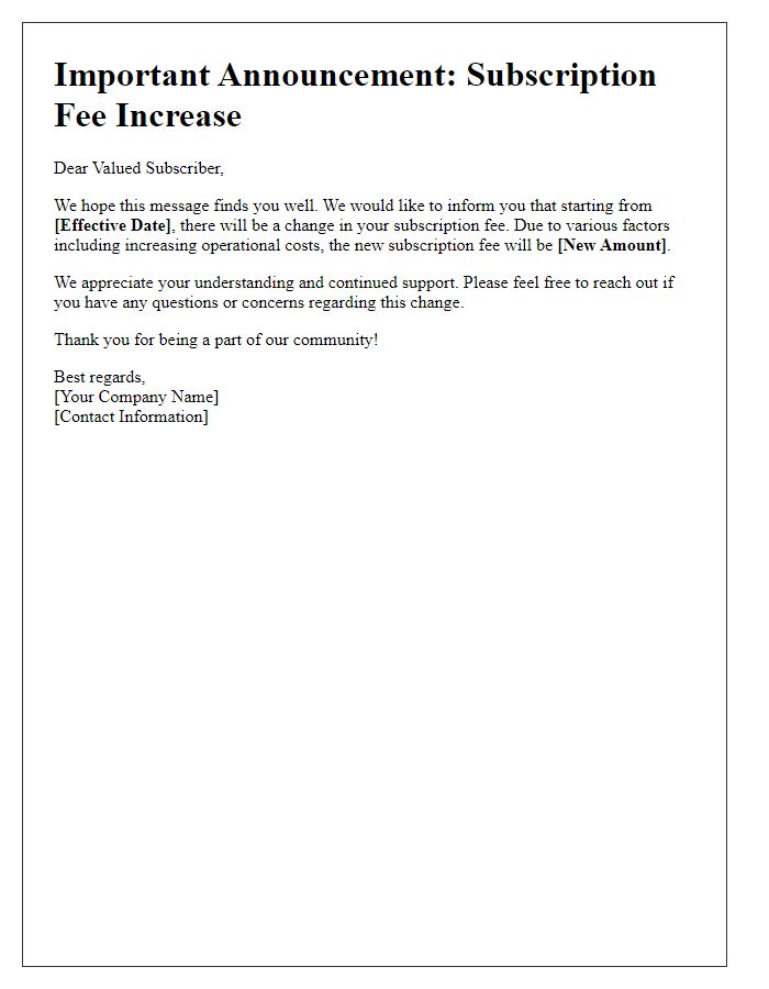 Letter template of subscription fee increase announcement