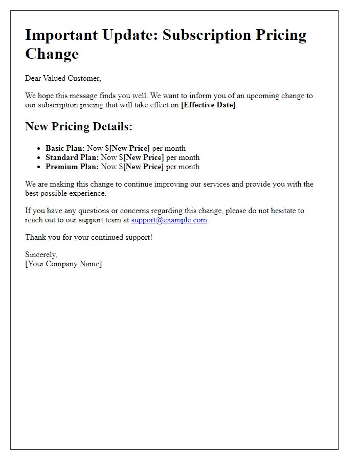 Letter template of subscription pricing change details