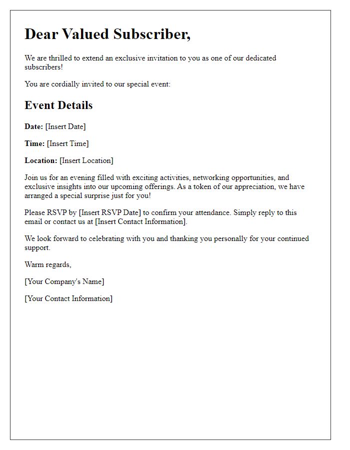 Letter template of exclusive invite for dedicated subscribers