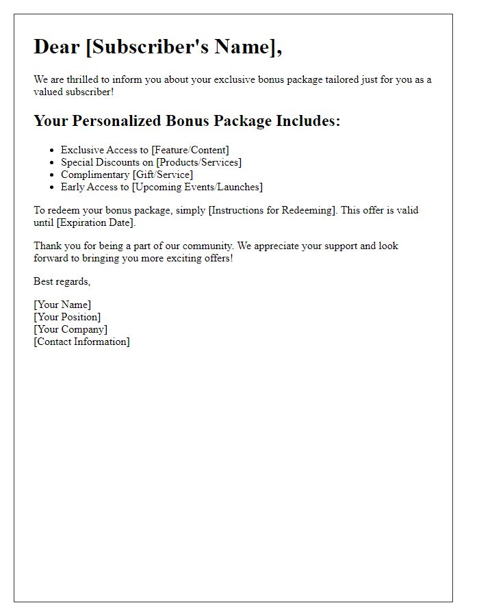 Letter template of personalized subscription bonus package