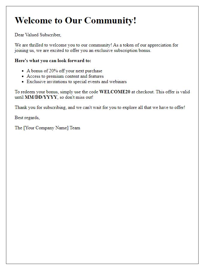 Letter template of welcome subscription bonus opportunity