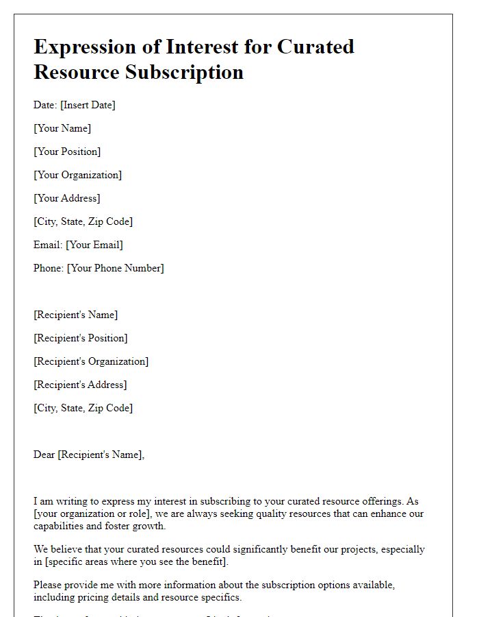 Letter template of expression of interest for curated resource subscription