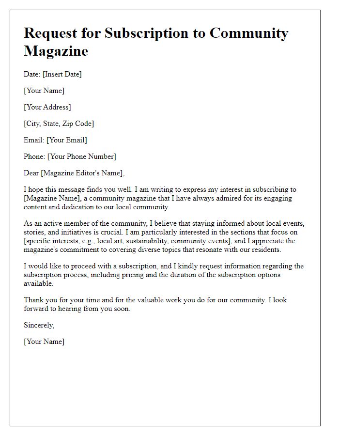 Letter template of interest for community magazine subscription