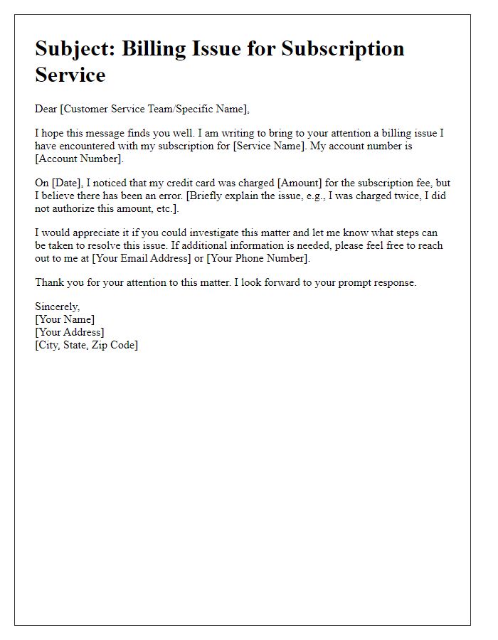 Letter template of billing issue for subscription service