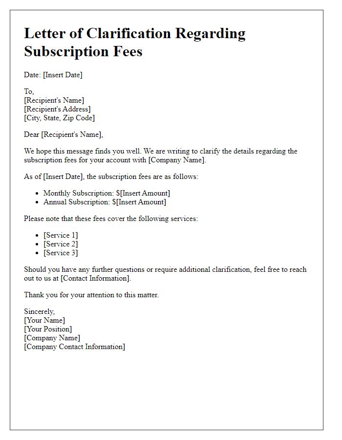 Letter template of clarification regarding subscription fees