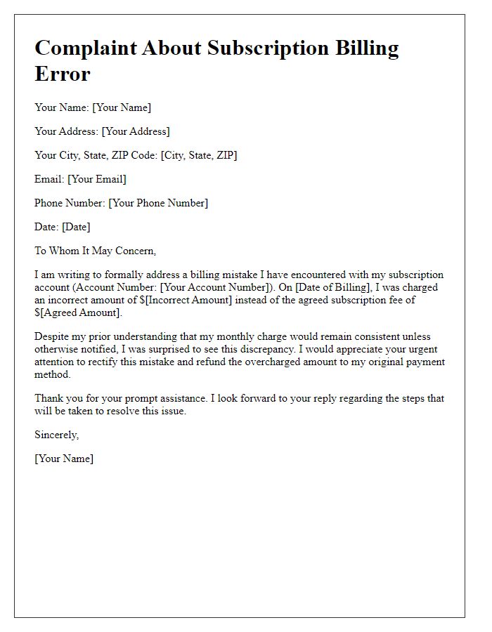 Letter template of complaint about subscription billing mistake