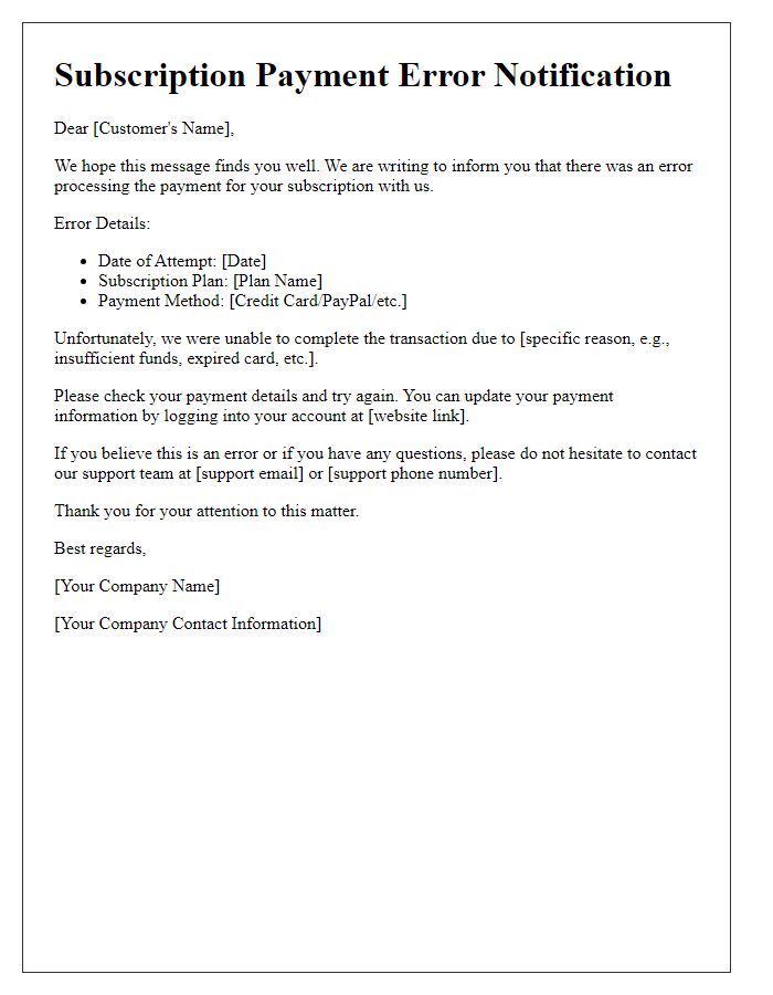 Letter template of error in subscription payment processing