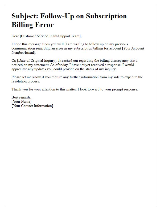 Letter template of follow-up on subscription billing error