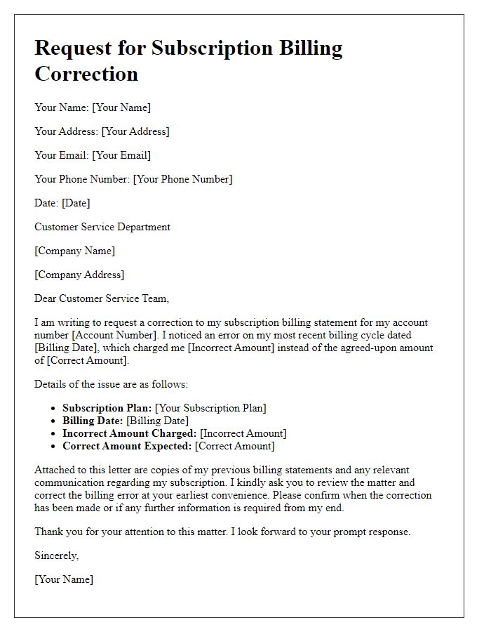 Letter template of request for subscription billing correction