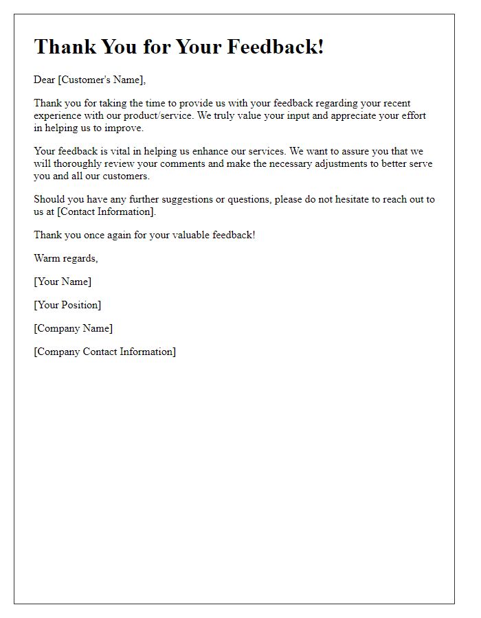 Letter template of acknowledgment for customer feedback received