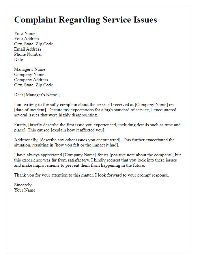 Letter template of complaints regarding service issues