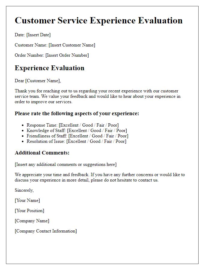 Letter template of customer service experience evaluation