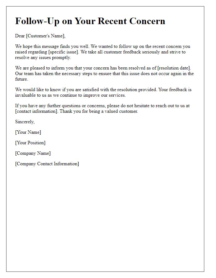 Letter template of follow-up on resolved customer concerns