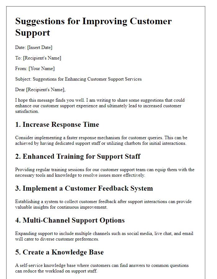 Letter template of suggestions for improving customer support