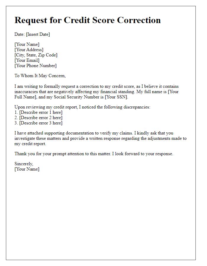 Letter template of credit score correction request