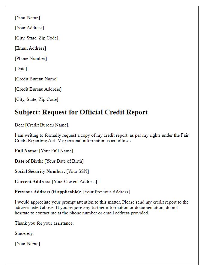 Letter template of official credit report inquiry request