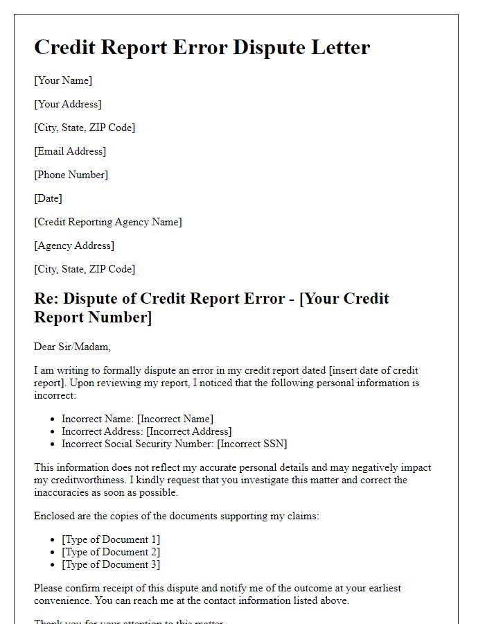 Letter template of credit report error dispute for incorrect personal information.