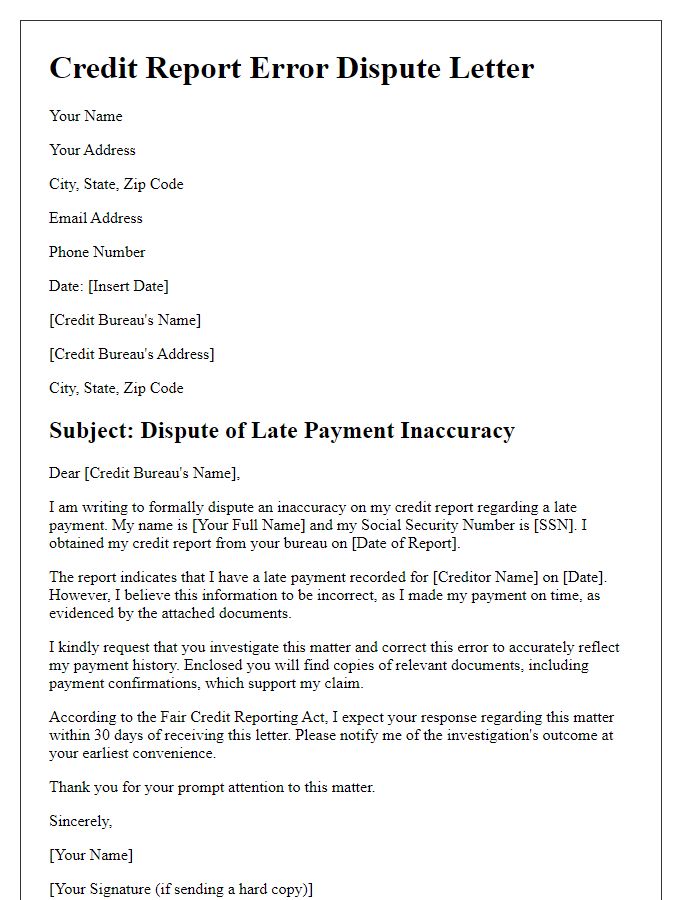 Letter template of credit report error dispute for late payment inaccuracies.