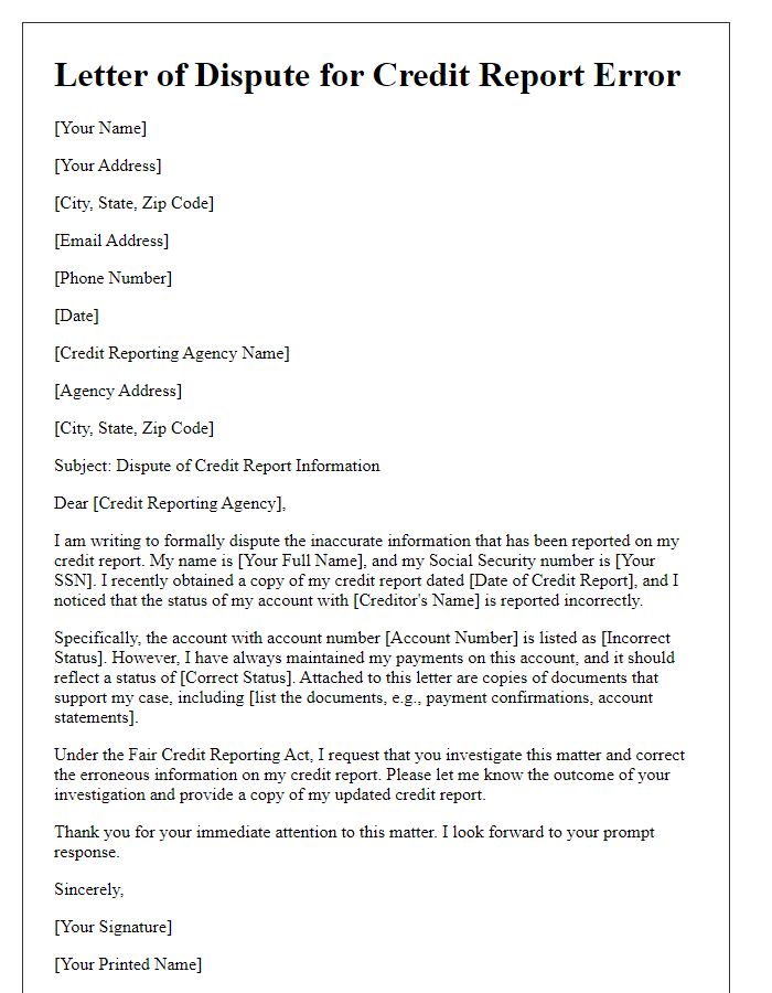 Letter template of credit report error dispute for misreported account status.