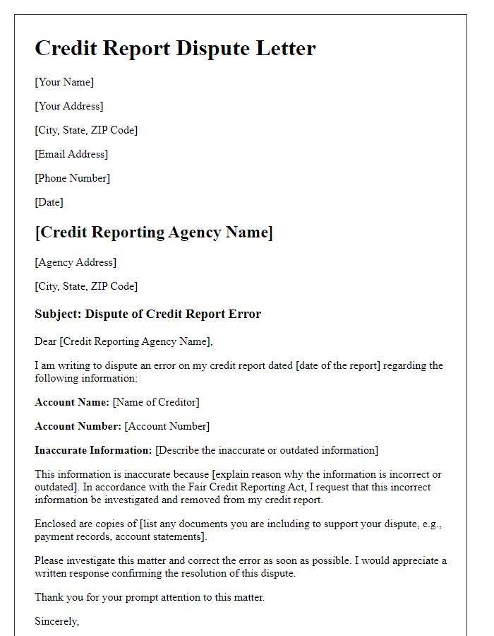 Letter template of credit report error dispute for out-of-date information.