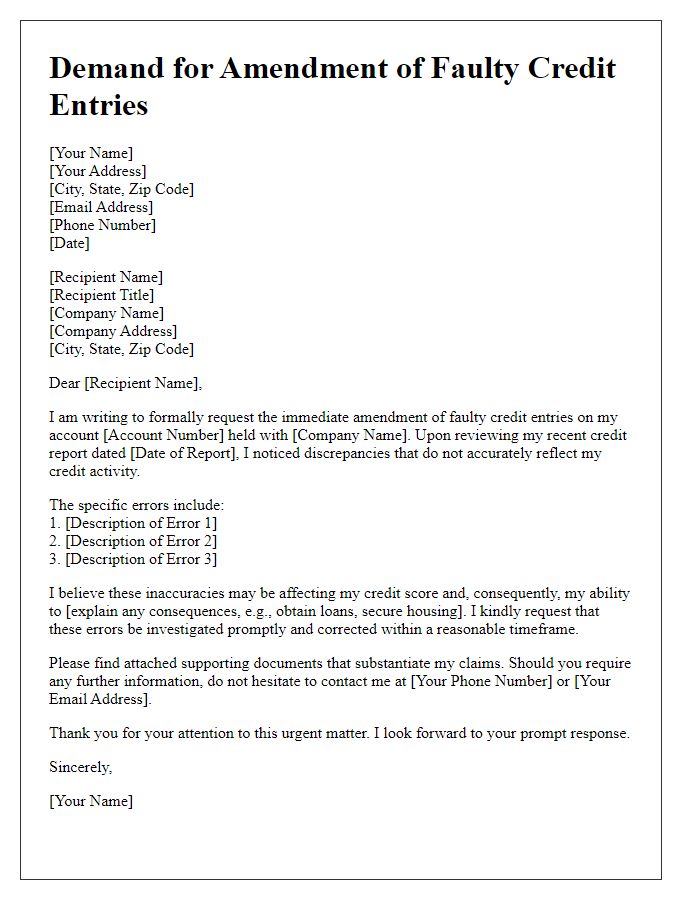 Letter template of demand for amendment of faulty credit entries