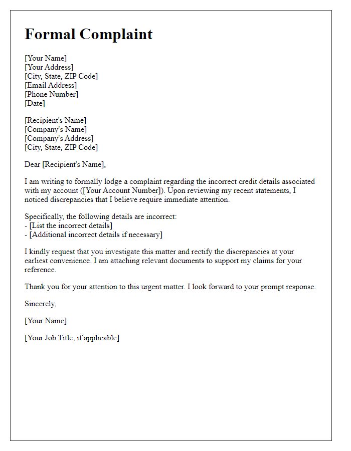 Letter template of formal complaint regarding incorrect credit details