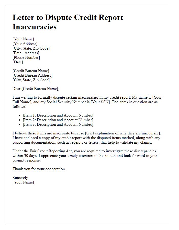 Letter template of request to dispute credit report inaccuracies