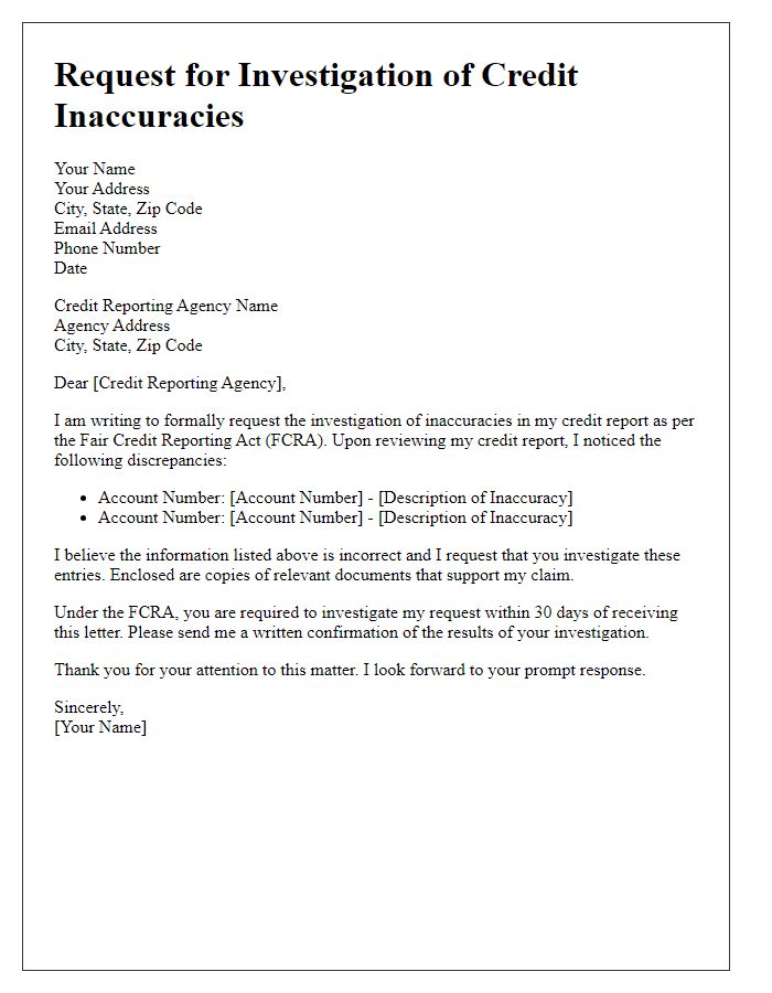 Letter template of solicitation for investigation of credit inaccuracies