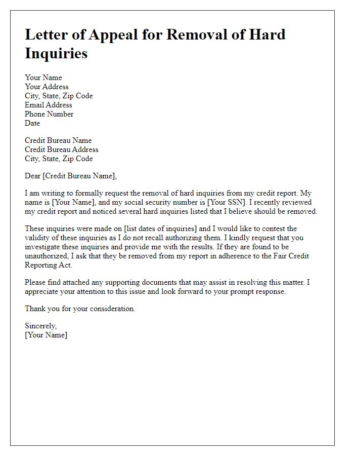 Letter template of appeal for removal of hard inquiries