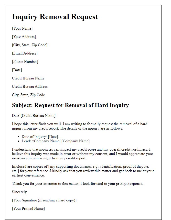 Letter template of inquiry removal for credit score improvement