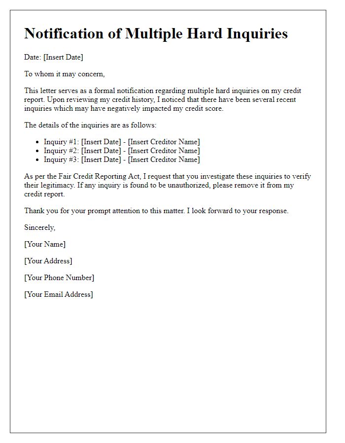 Letter template of notification for multiple hard inquiries