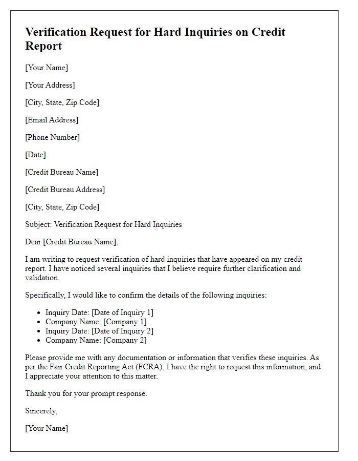 Letter template of verification request for hard inquiries on credit report