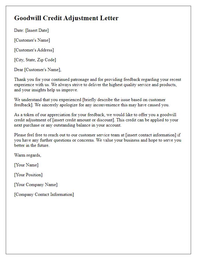 Letter template of goodwill credit adjustment based on customer feedback