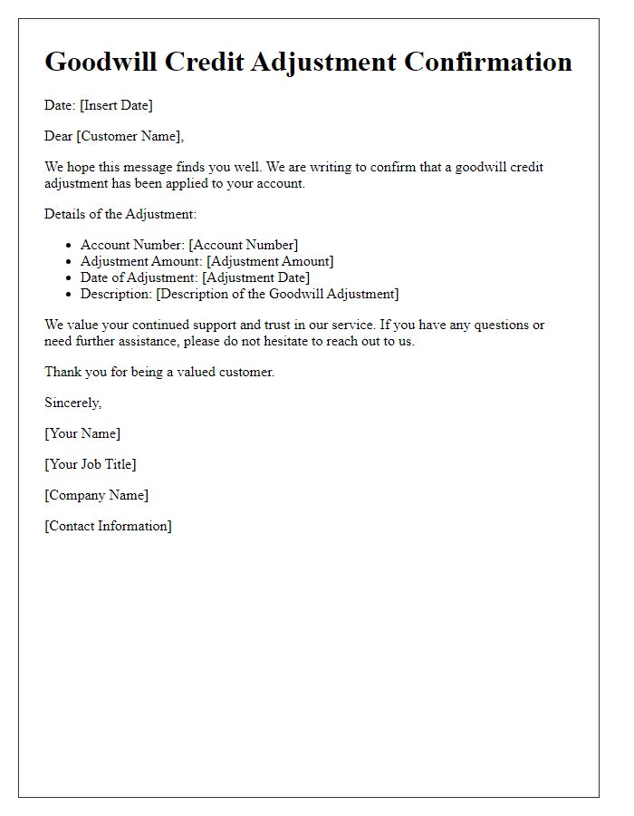 Letter template of goodwill credit adjustment confirmation