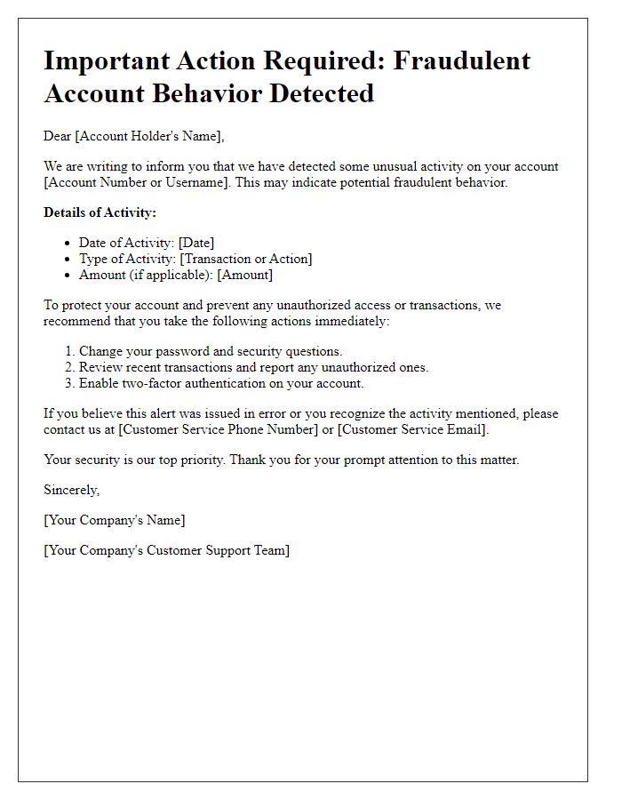 Letter template of action alert for fraudulent account behavior