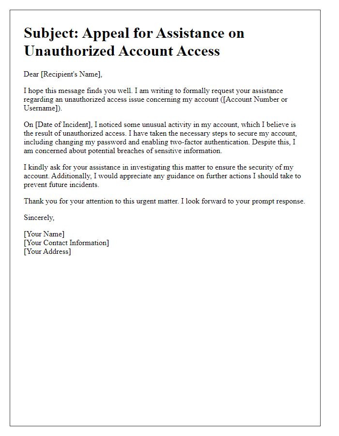 Letter template of appeal for assistance on unauthorized account access